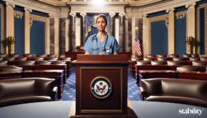 Nurse is standing at a podium in a political setting like a the Senate or House of Representatives. 