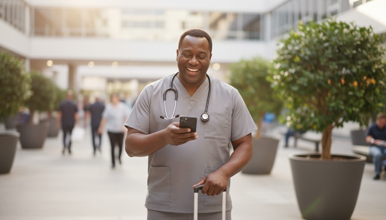 Smiling travel nurse in scrubs checking phone while walking through a hospital courtyard with luggage.