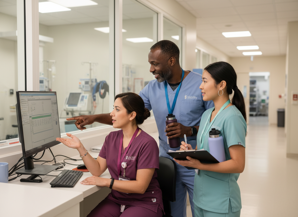 ICU Nurses Collaborating at EHR Workstation